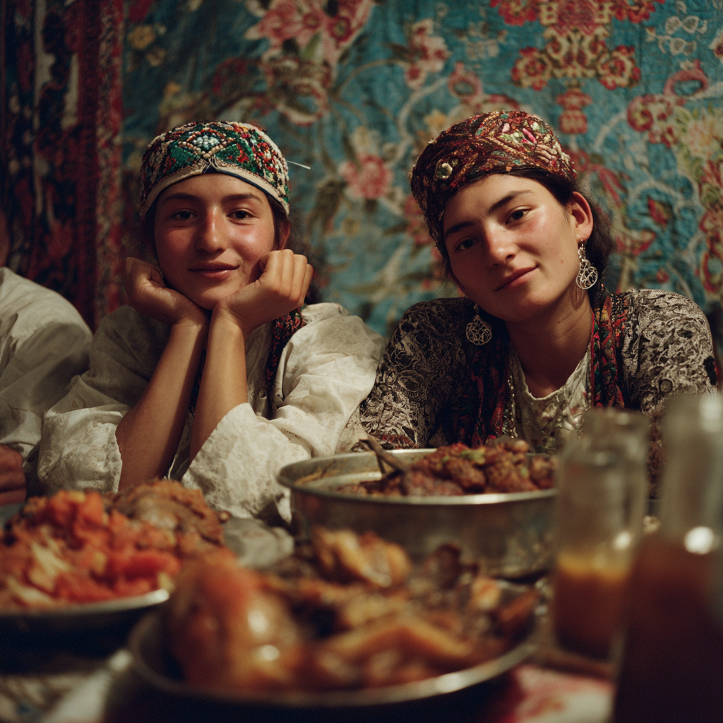 Smiling Uzbek family of various ages enjoying a healthy, balanced meal together at home